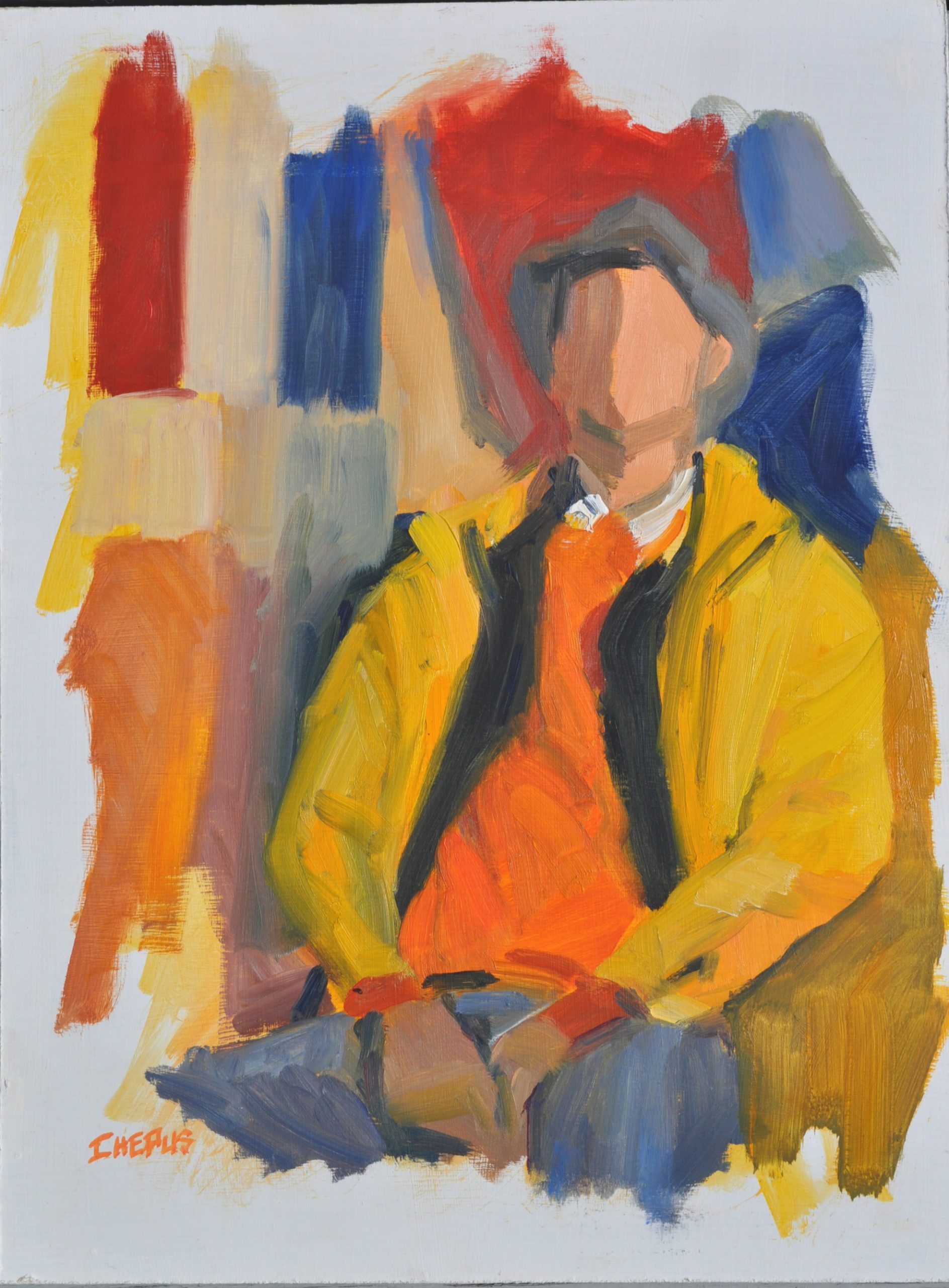 Figure in yellow jacket oil 16x12