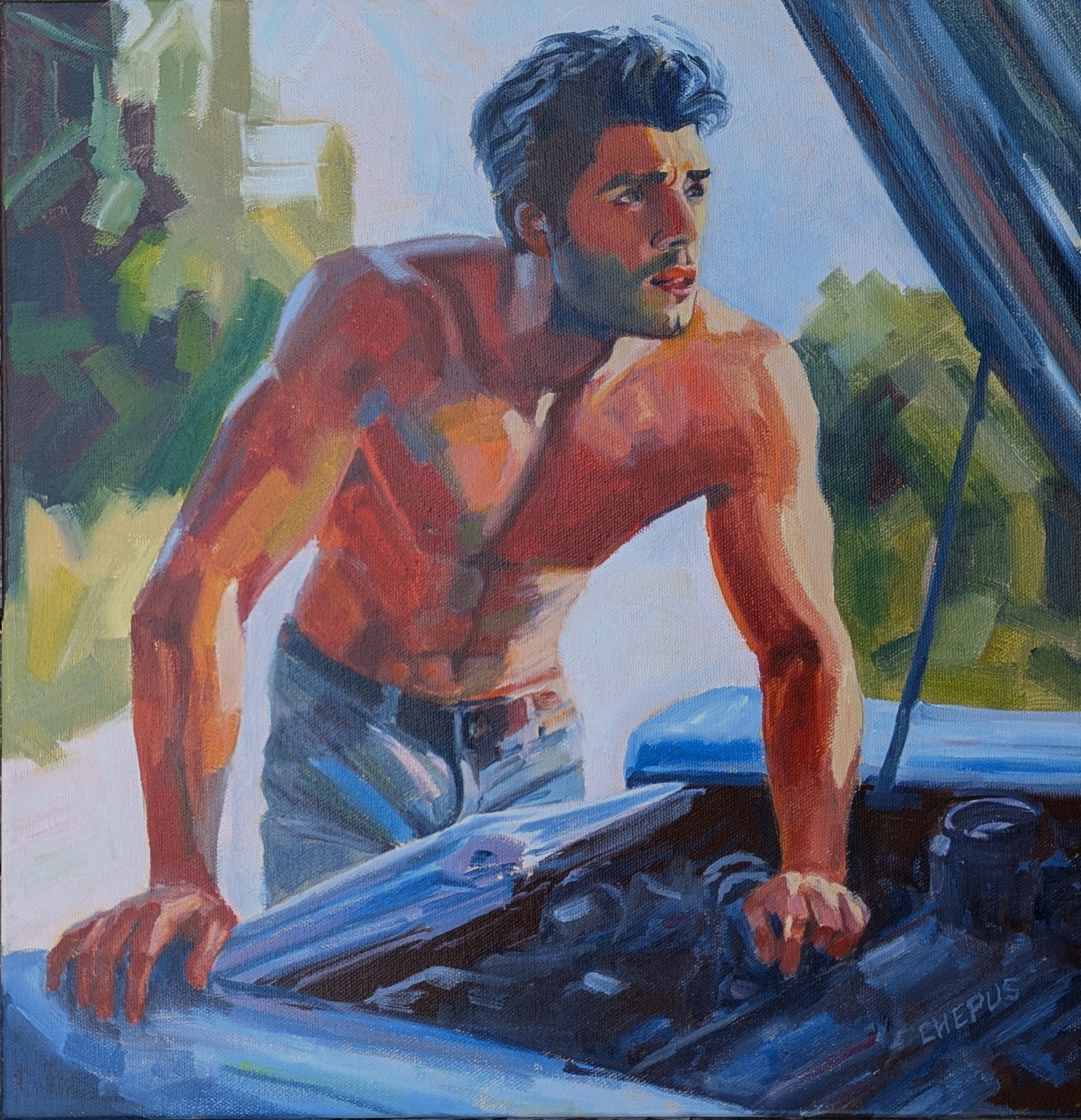 The Mechanic'c Strugle oil 16x16 Sold