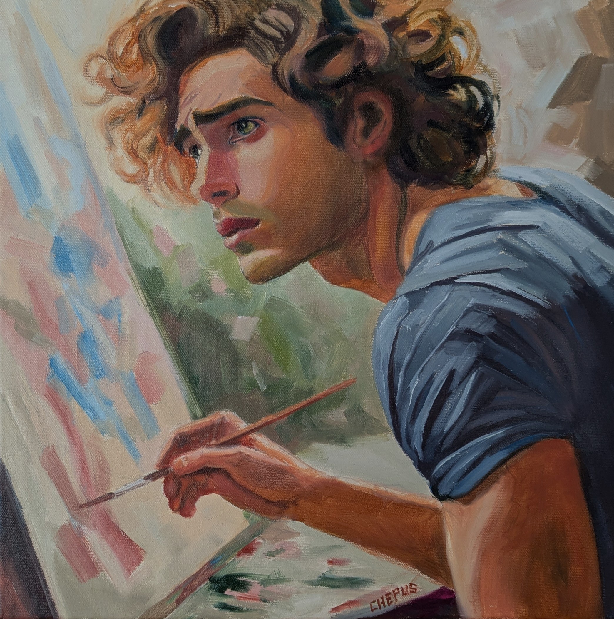 Jeremy- the Universe in his Mind oil 16x16 Sold